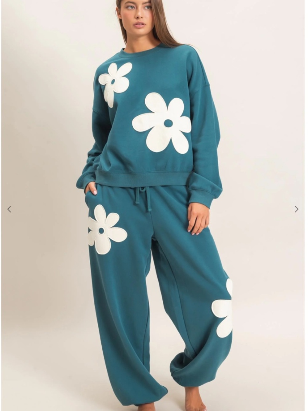 NEW Double Zero Teal Floral Appliqué Fleece Sweatshirt Jogger Set Medium